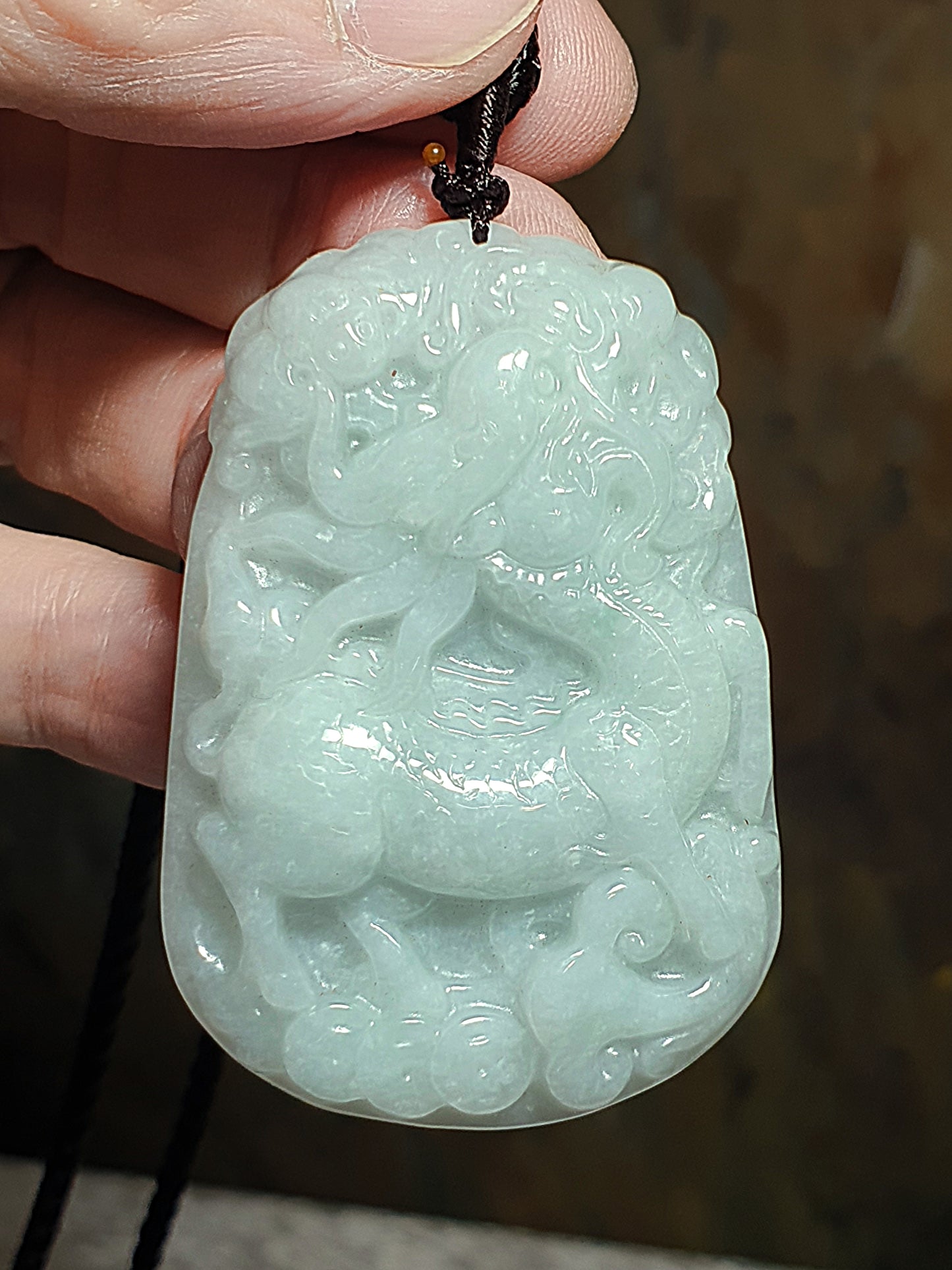 Type A Jadeite light bluish green Qilin (Kirin) pendant (with certificate) 翡翠淡蓝绿麒麟吊坠(带证书)