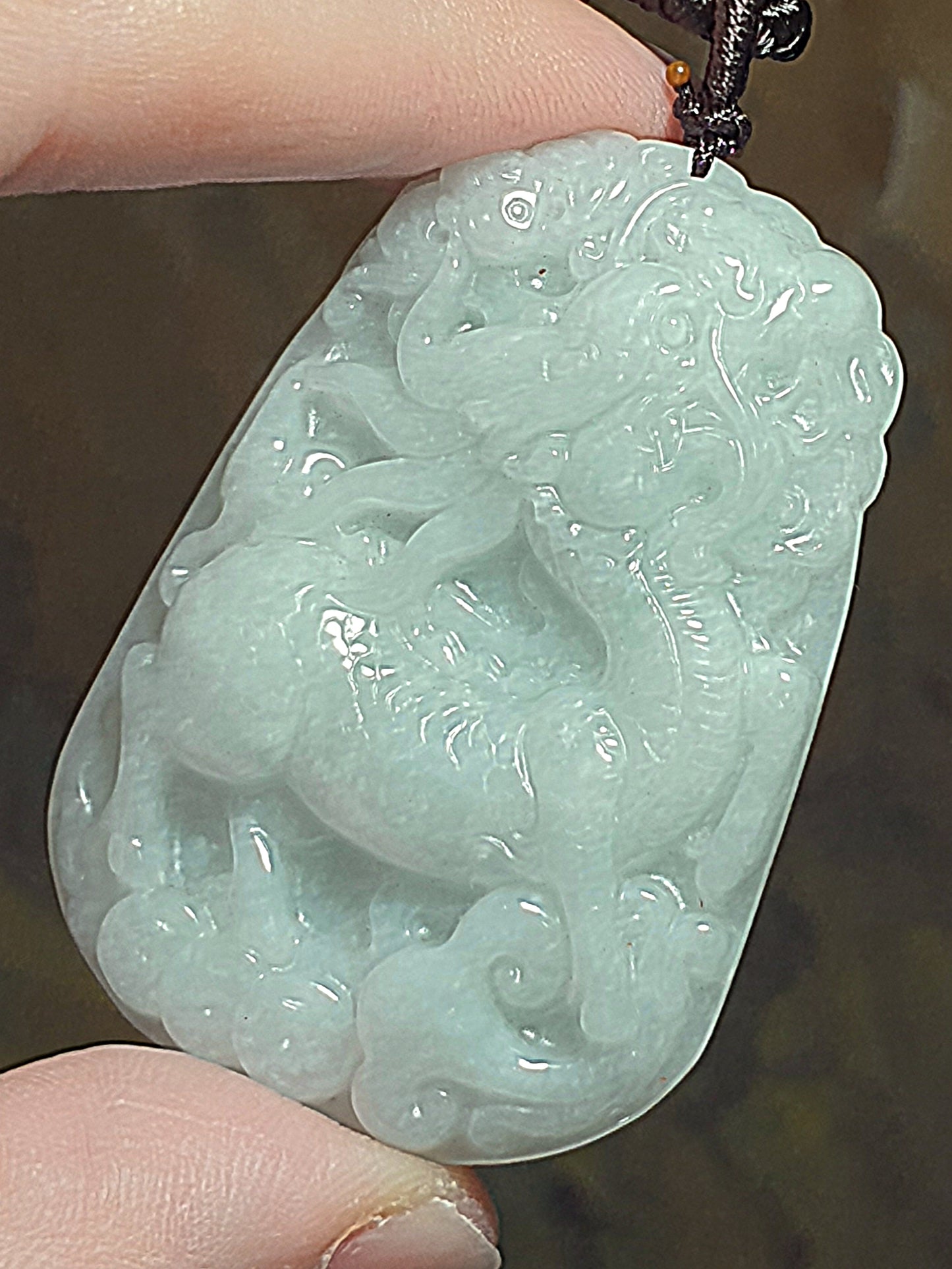 Type A Jadeite light bluish green Qilin (Kirin) pendant (with certificate) 翡翠淡蓝绿麒麟吊坠(带证书)