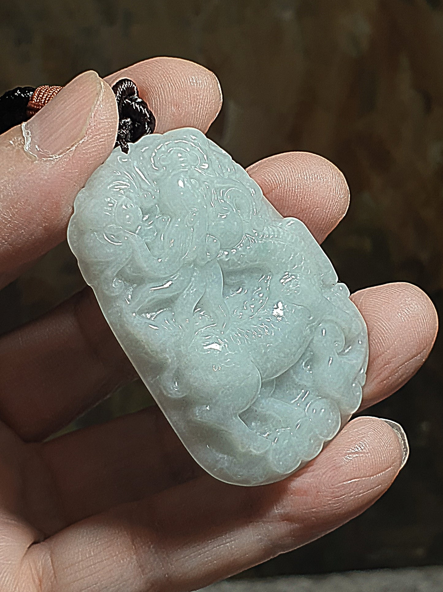 Type A Jadeite light bluish green Qilin (Kirin) pendant (with certificate) 翡翠淡蓝绿麒麟吊坠(带证书)