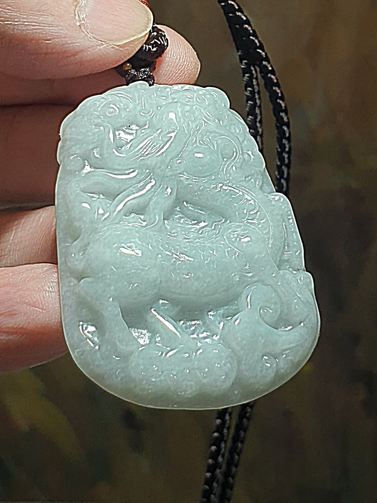 Type A Jadeite light bluish green Qilin (Kirin) pendant (with certificate) 翡翠淡蓝绿麒麟吊坠(带证书)