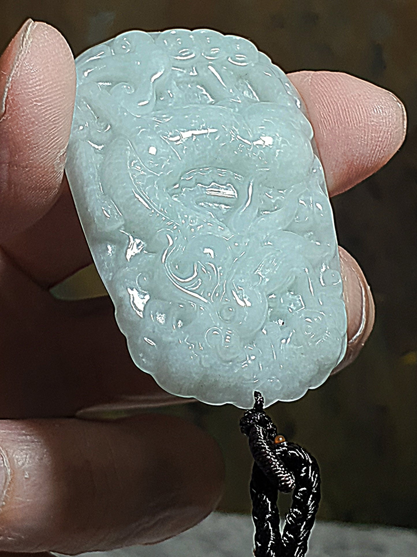 Type A Jadeite light bluish green Qilin (Kirin) pendant (with certificate) 翡翠淡蓝绿麒麟吊坠(带证书)