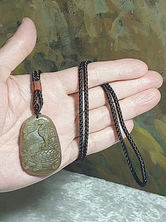 Natural untreated Nephrite caramel brown Dragon Tortoise, Longevity Crane & Lingzhi Jade pendant (with certificate) 和田玉糖玉添福添寿龙龟仙鹤灵芝吊坠(带证书)