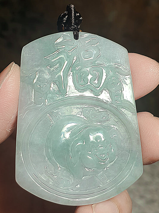 Premium Type A Jadeite light bluish green Lucky Pig pendant (with certificate) 优质翡翠淡蓝绿福猪吊坠(带证书)