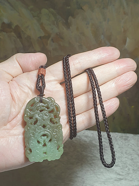 Premium Nephrite caramel brown light green double sides carvings hollow out ancient style Dragon Auspicious Cloud Jade paizi/handheld (with certificate) [Natural Crystal] 和田玉且末糖淡绿双面雕刻镂空古式龙祥云牌子/小手把(带证书)