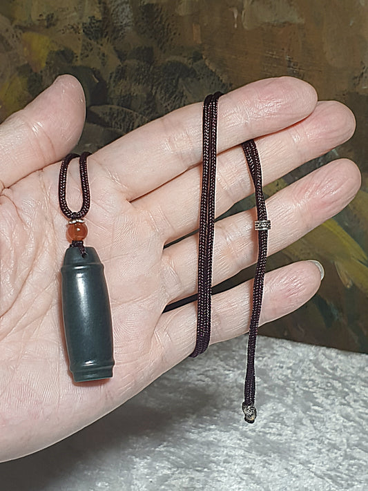 Nephrite deep green both sides carvings Bamboo Jade pendant (with certificate) 和田玉深绿双面雕刻竹吊坠(带证书) 竹报平安 节节高升