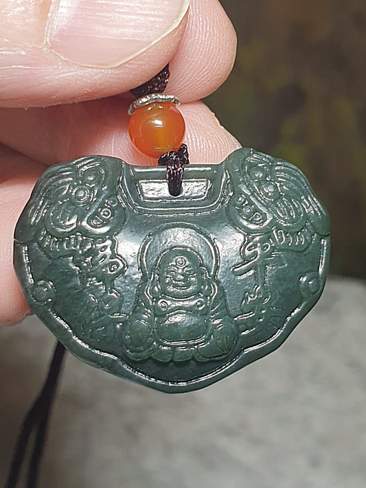 Nephrite deep green both sides carvings 2 Pi Xiu Laughing Buddha "Fu" Ruyi Lock Jade pendant (with certificate) 和田玉深绿双面雕刻双貔貅如意锁吊坠(带证书) 佛保平安 长命富贵