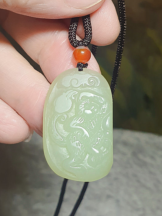 Nephrite light green Monkey, Peach & Ruyi  Jade pendant (with certificate) [Natural Crystal] 和田玉淡绿猴子桃子如意吊坠(带证书)