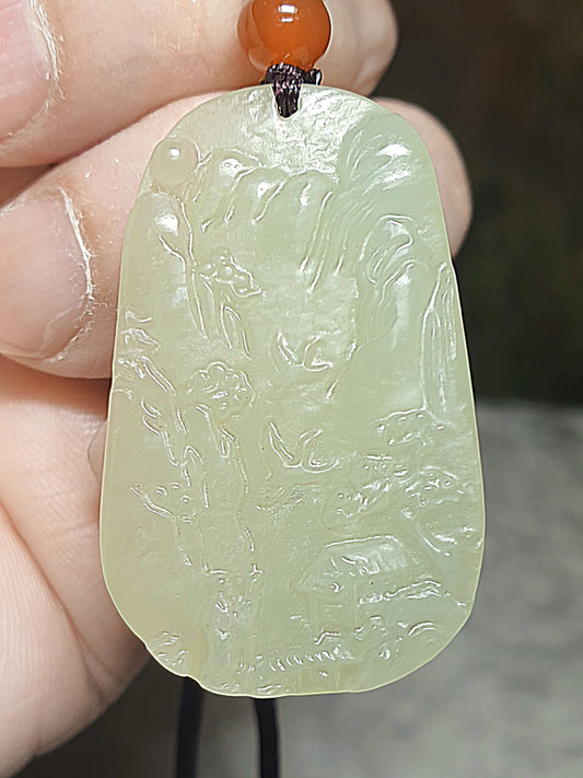 Nephrite light green Landscape Jade pendant (with certificate) [Natural Crystal] 和田玉淡绿山水意境吊坠(带证书)