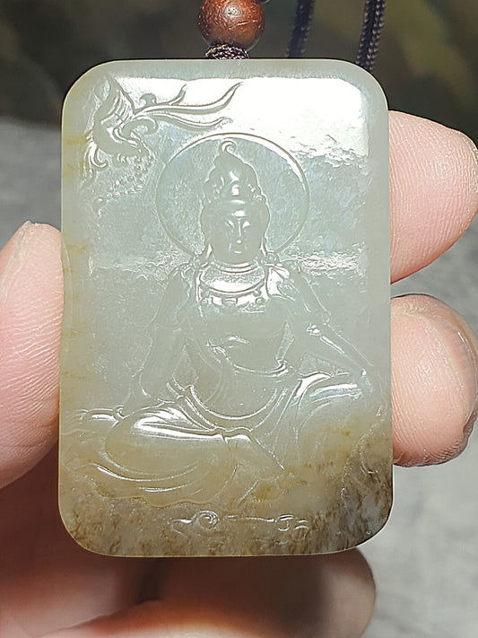 Premium Nephrite bicolors light greenish & caramel brown Guan Yin & Phoenix Jade pendant (with certificate) [Natural Crystal] 和田玉天然且末糖淡青白双色观音凤凰吊坠(带证书)