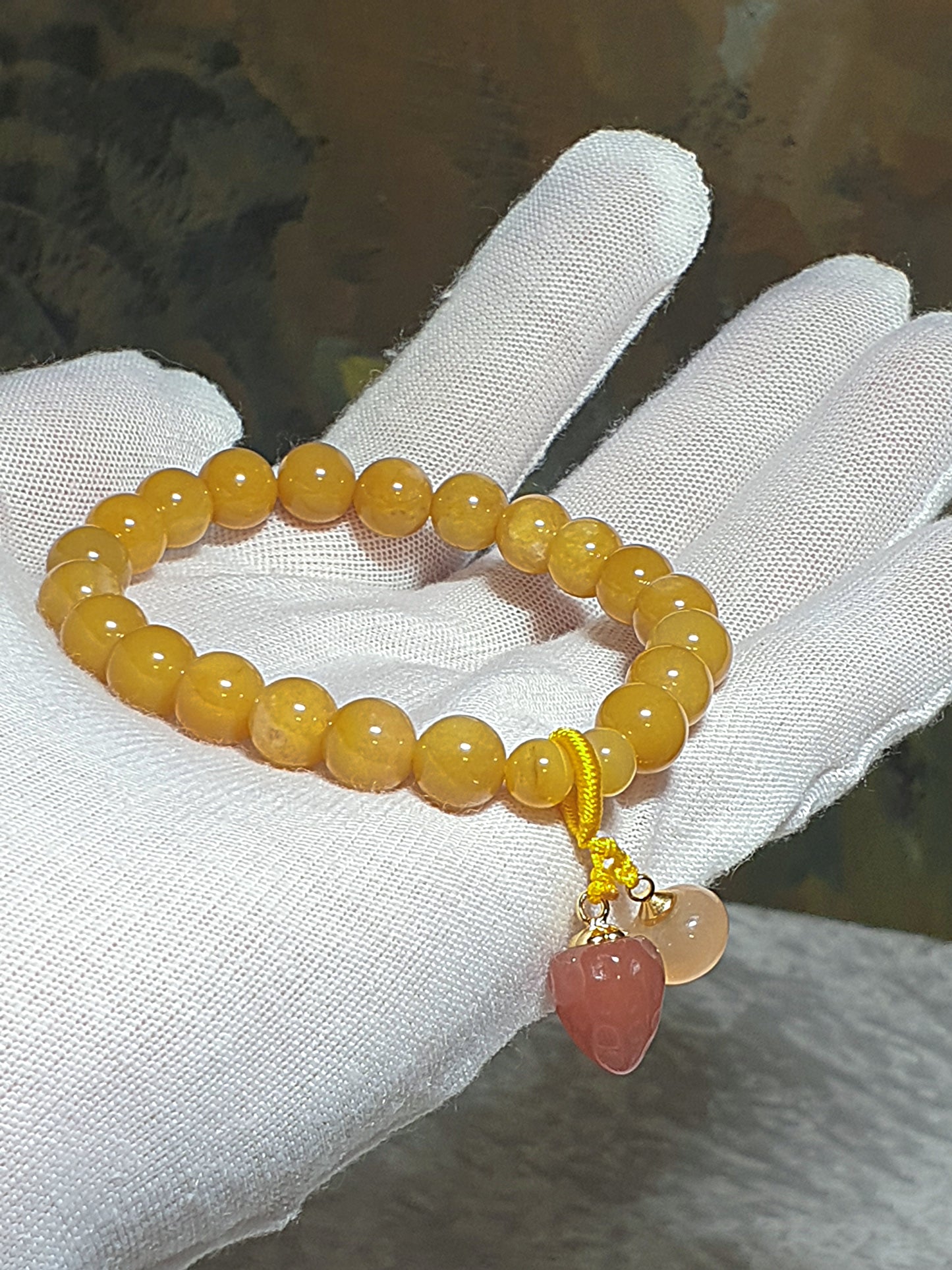 8mm Jinsi Jade with Yanyuan Agate peach & Strawberry bracelet [Natural Crystal] 8毫米金丝玉配盐源玛瑙桃子草莓手链