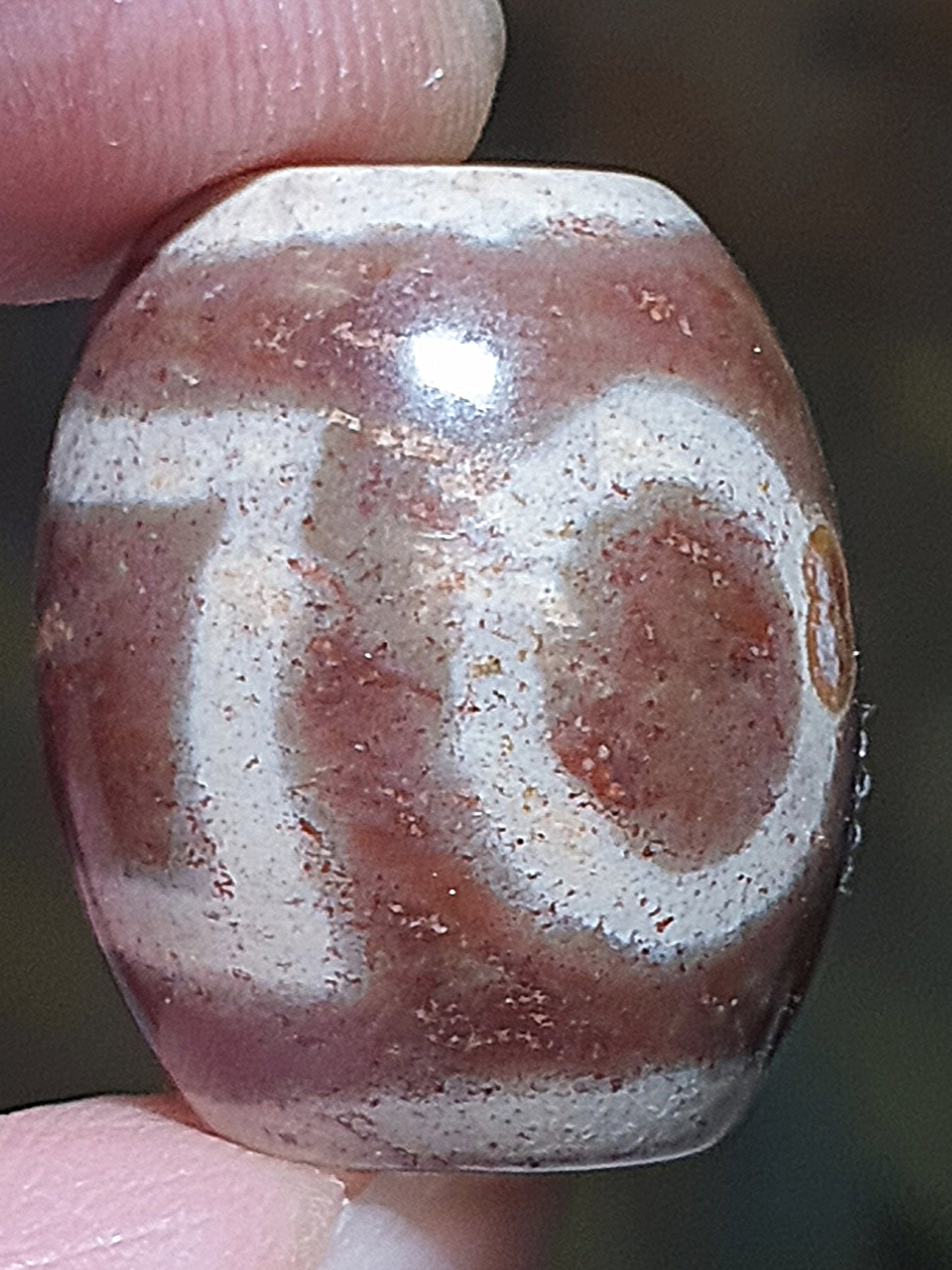 Aged Tibetan Xang Xung (Zhang Zhung) Double Heaven and Earth Da Luo Dzi with lots of red spots (with certificate, free necklace cord) 西藏老矿象雄满朱砂双天地达洛天珠(带证书送项链绳)