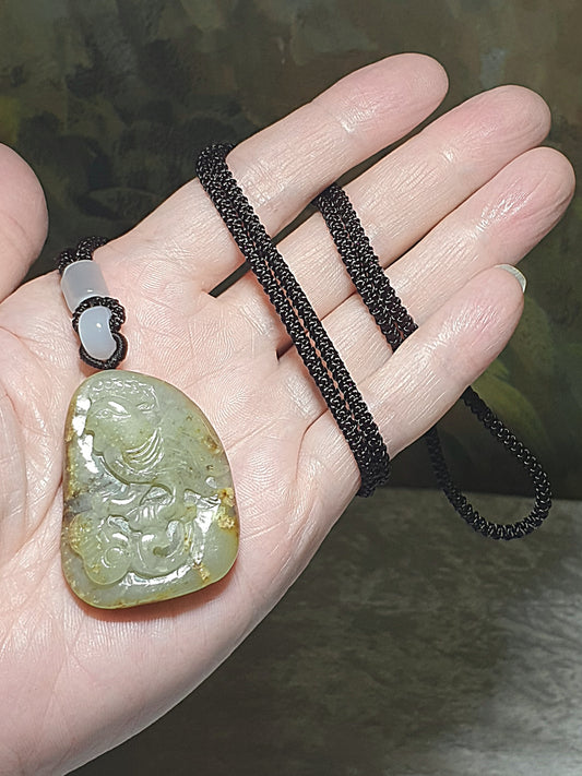 Hetian Pebble Nephrite light greenish with raw yellowish brown "Jade Skin" hand carved Ruyi & Rooster pendant (with certificate) [Natural Crystal] 和田玉籽玉天然褐黄皮浅绿手工雕刻如意雄鸡吊坠(带证书)