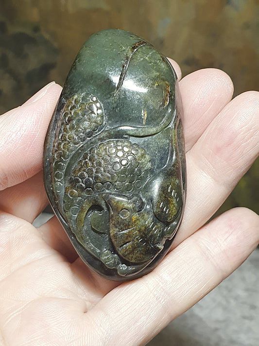 Hetian Pebble Nephrite brownish "Jade Skin" deep green Rat, Ears of Wheat, Melon & Lotus Leaf jade handheld (with certificate) 和田玉籽玉深绿黄沁皮手工雕刻老鼠麦穗莲叶福瓜手把(带证书)  丰衣足食 岁岁平安