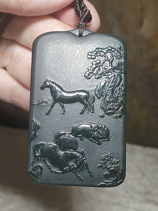 Premium deep green Nephrite double sides cravings Eight Horses & Landscape Jade pendant (with certificate) [Natural Crystal] 优质和田玉塔青墨绿双面雕刻八(马)骏图吊坠(带证书)