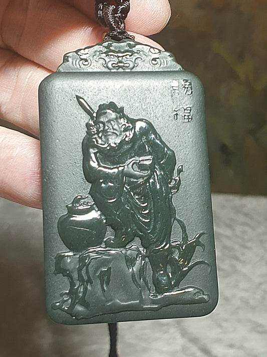 Premium deep green Nephrite double sides cravings Pi Xiu "Heavenly Master" Zhong Kui "Blessings" Jade pendant (with certificate) [Natural Crystal] 优质和田玉塔青深绿双面雕刻貔貅天师钟馗赐福吊坠(带证书)