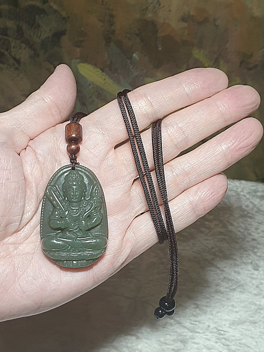 Nephrite light green Akasagarbha (guardian for zodiac sign Ox & Tiger) Jade pendant (with certificate) [Natural Crystal] 和田玉浅青绿虚空藏菩萨(合生肖虎、牛)吊坠(带证书)