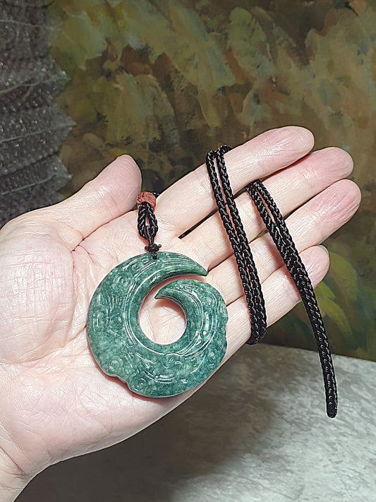 [Sold] Type A Jadeite light green double sides carvings ancient motifs Dragon Hook Jade pendant (with certificate) [Natural Crystal] 翡翠淡绿双面雕刻古纹饰龙勾吊坠(带证书)