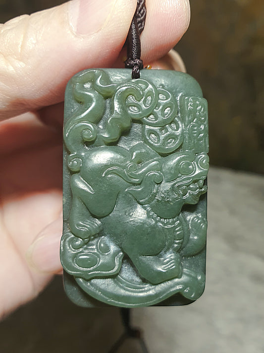 Nephrite greenish Coins Ruyi "Bringing in Money" Pi Xiu Jade pendant (with certificate) [Natural Crystal] 和田玉青绿如意铜钱招财貔貅吊坠(带证书)