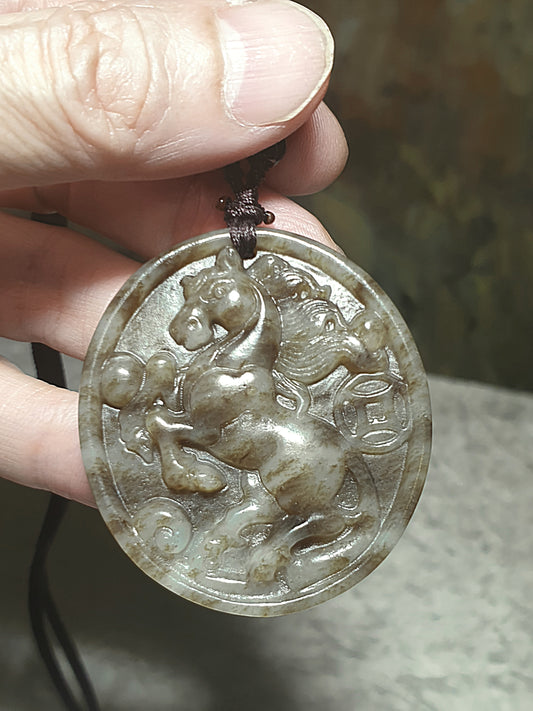 Premium Nephrite caramel brown & whitish Horse and Ancient Coin Jade pendant (with certificate) [Natural Crystal] 和田玉且末糖白马上有钱(骏马、铜钱)吊坠(带证书)