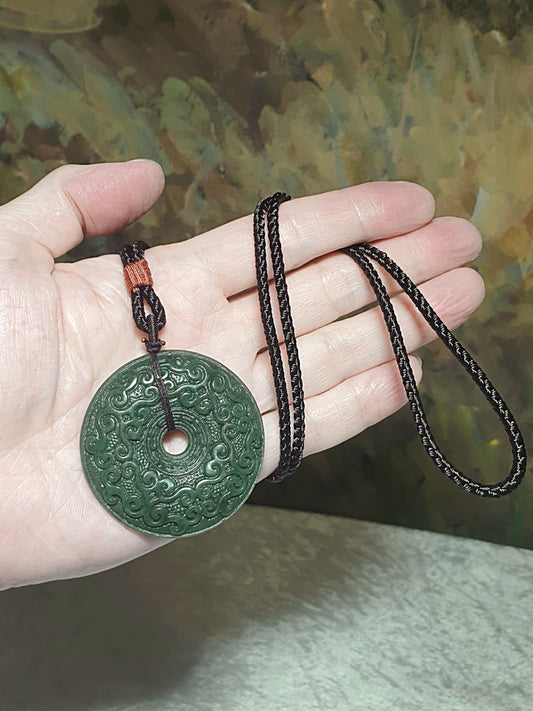 Premium Nephrite green with blue hue double sides carvings Interlaced Floral pattern Donut pendant (with certificate) 优质和田玉且末青绿带蓝调双面雕刻缠枝纹古云纹龙纹平安扣吊坠(带证书)