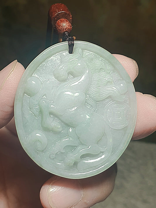 Type A Jadeite light green Horse and Ancient Coin Jade pendant (with certificate) 翡翠淡绿马上有钱(骏马、铜钱)吊坠(带证书)