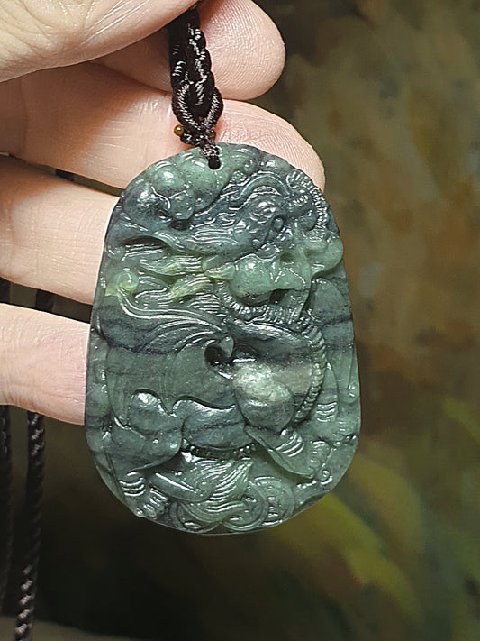 Nephrite greenish Qinghua Qilin (Kirin), Bat & Ancient Copper Coins pendant (with certificate) 和田玉绿青花麒麟蝙蝠铜钱吊坠(带证书)