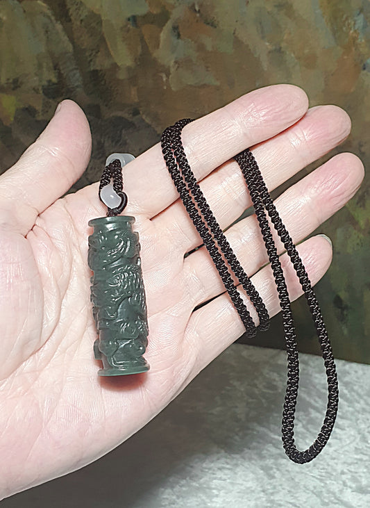 Nephrite greeish 3 dimensional carvings Coiling Dragon Pillar pendant (with certificate) 和田玉青绿立体圆雕盘龙柱吊坠(带证书)