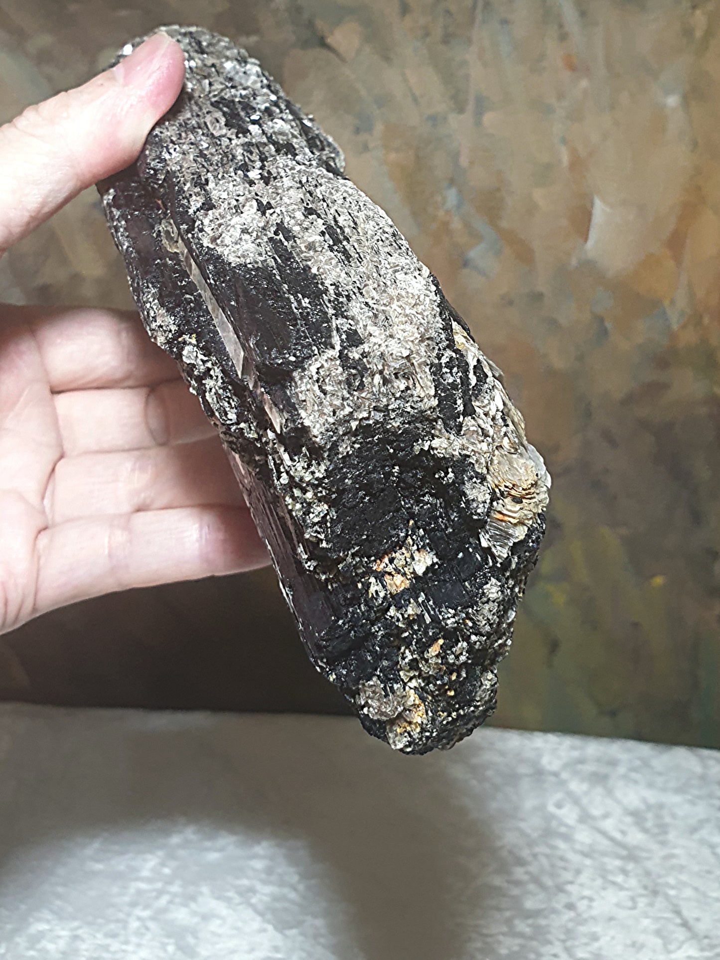 1.06Kg raw Black Tourmaline extra long with silvery Mica very reflective surface  [Natural Crystal] 1.06公斤特长黑碧玺原石超亮皮带大片云母片