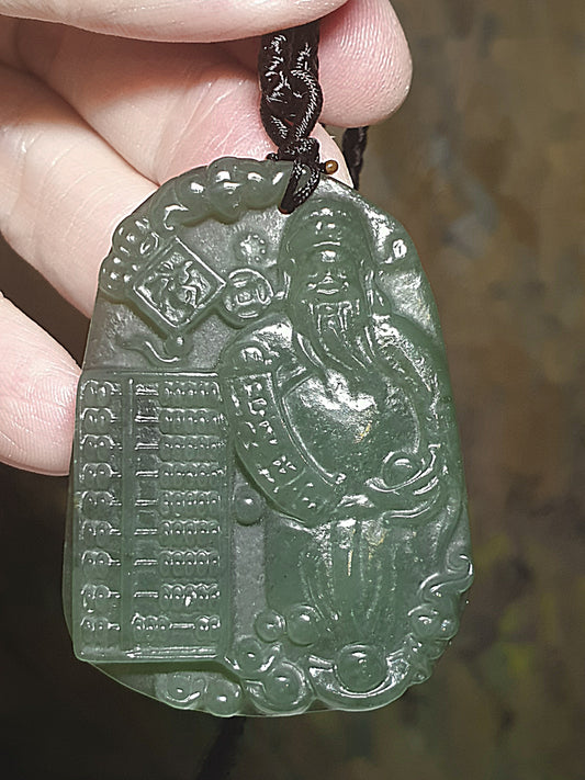 Nephrite lake green God of Wealth Jade pendant (with certificate) 和田玉湖水绿财神吊坠(带证书)