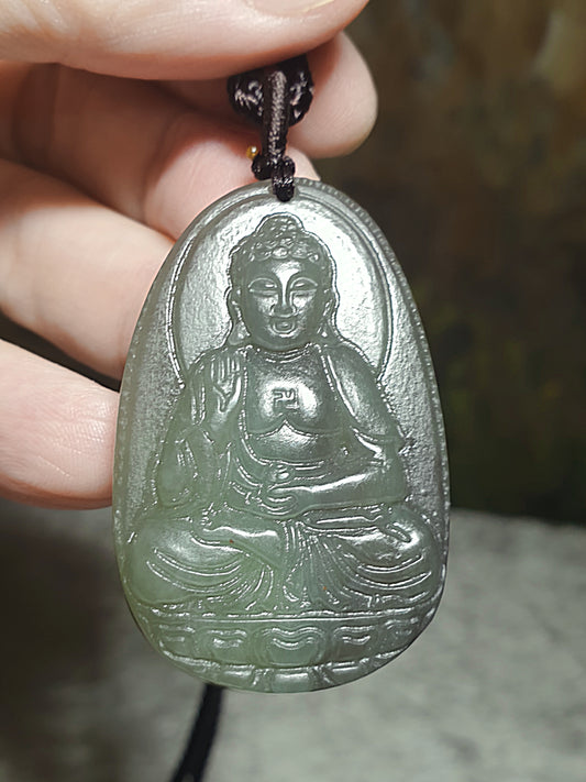 Nephrite greenish smoky purplish Buddha (Amitabha) Jade pendant (with certificate) [Natural Crystal] 和田玉浅青淡烟紫阿弥陀佛吊坠(带证书)