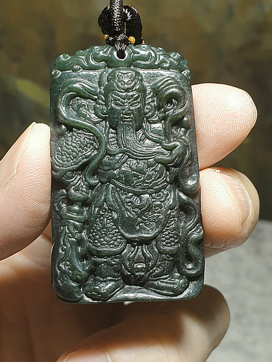 Natural deep greenish Nephrite Guan Gong Jade pendant (with certificate) 和田玉深绿关公吊坠(带证书)