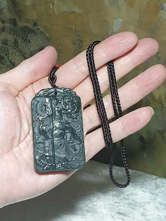 Premium natural deep greenish Nephrite double sides carvings Guan Gong, Dragon, Auspicious Clouds and in Ancient Chinese "Supremely Honourable & Righteous" pendant/handheld (with certificate) 和田玉塔青深绿双面雕刻关公、龙、祥云吊坠/手把(带证书)  ~~~ 义薄云天 保家卫国