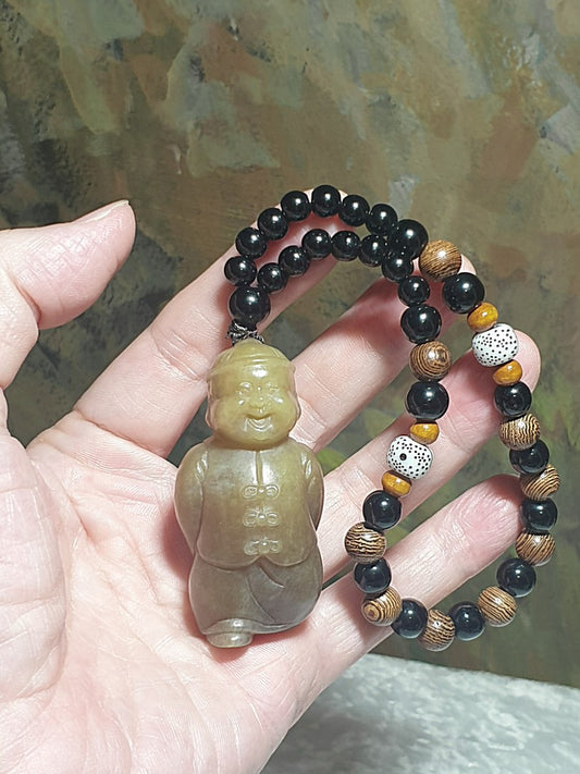 Premium Nephrite caramel brownish hand carved 3 dimensional God of Wealth in Qing Dynasty costume (Real Estate God of Wealth) Jade handheld (with certificate) [Natural Crystal] 和田玉且末全糖手工立体圆雕清装财神(地主财神)手把(带证书)