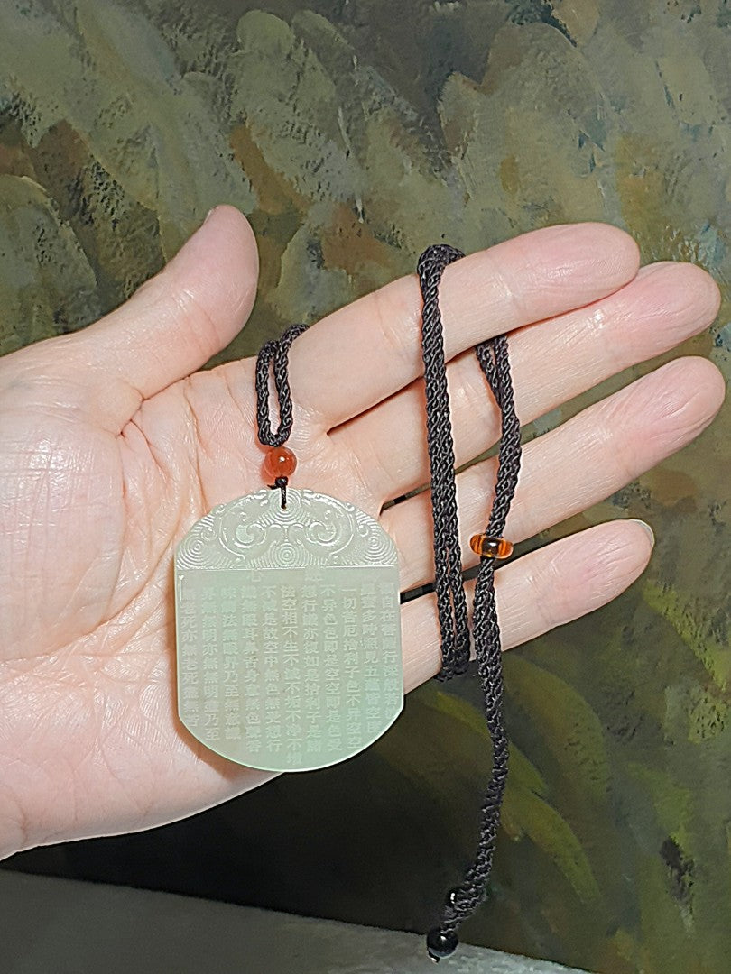 Premium Nephrite light greenish with a hint of  "milky bluish" double sides carving in Traditional Chinese The Heart Of Prajna Paramita Sutra Jade pendant (with certificate) 和田玉且末青白淡奶蓝双面雕刻繁体心经全文吊坠(带证书)