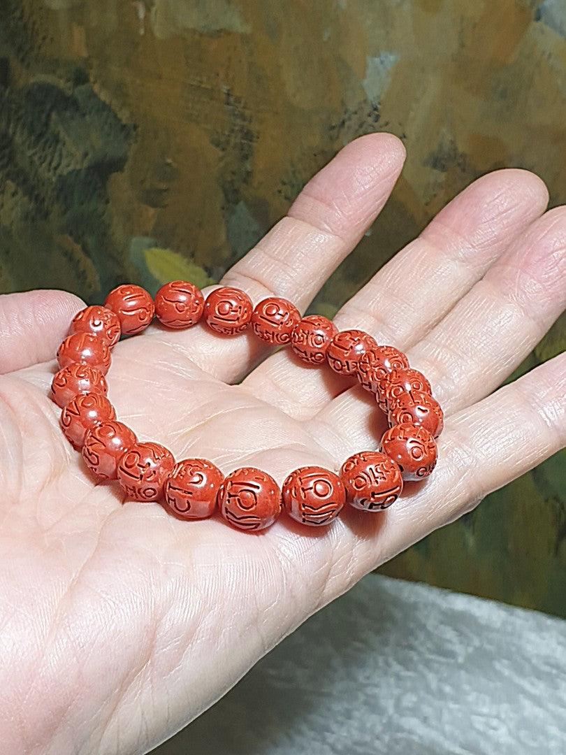 9.5mm purest natural Cinnabar carved in Tibetan "Om Mani Padme Hum" Mantra bracelet [Natural Crystal] 9.5毫米原矿朱砂雕刻六字真言(六字大明咒)手链