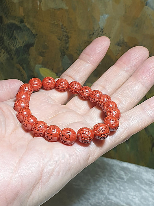 9.5mm purest natural Cinnabar carved in Tibetan "Om Mani Padme Hum" Mantra bracelet [Natural Crystal] 9.5毫米原矿朱砂雕刻六字真言(六字大明咒)手链