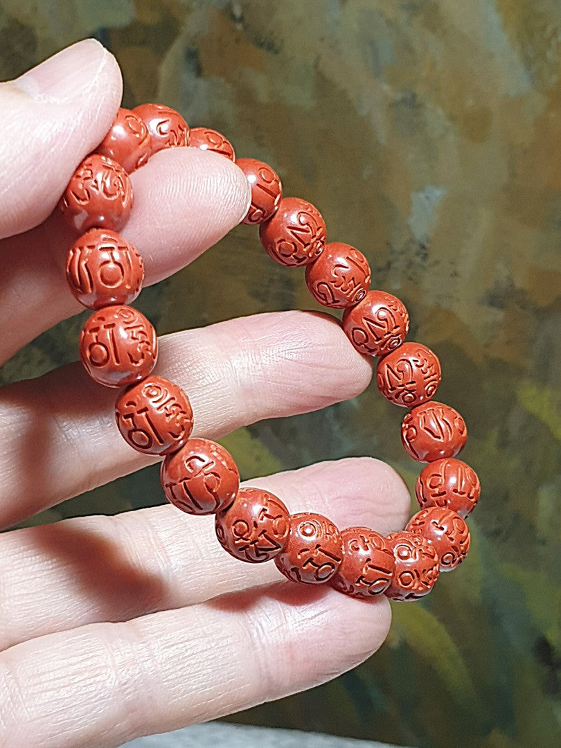 9.5mm purest natural Cinnabar carved in Tibetan "Om Mani Padme Hum" Mantra bracelet [Natural Crystal] 9.5毫米原矿朱砂雕刻六字真言(六字大明咒)手链