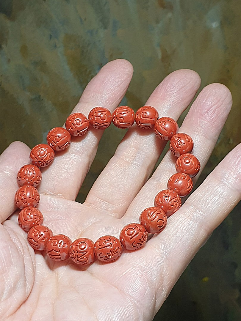 9.5mm purest natural Cinnabar carved in Tibetan "Om Mani Padme Hum" Mantra bracelet [Natural Crystal] 9.5毫米原矿朱砂雕刻六字真言(六字大明咒)手链