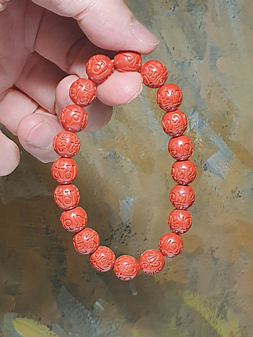 9.5mm purest natural Cinnabar carved in Tibetan "Om Mani Padme Hum" Mantra bracelet [Natural Crystal] 9.5毫米原矿朱砂雕刻六字真言(六字大明咒)手链