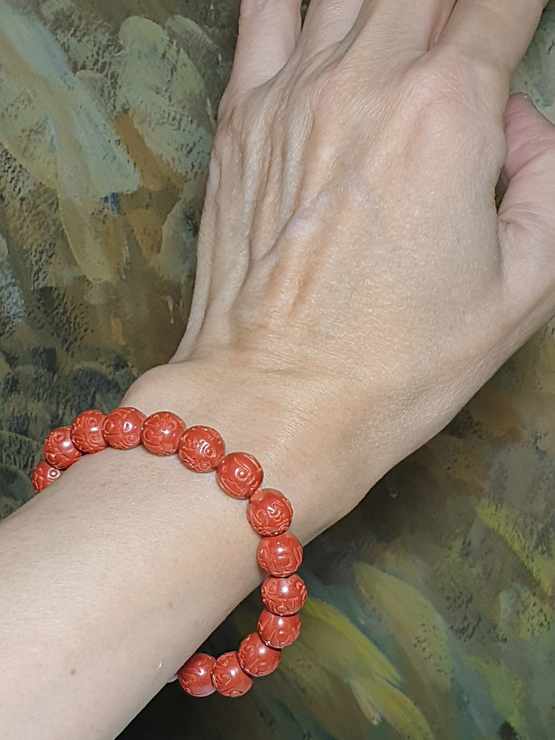 9.5mm purest natural Cinnabar carved in Tibetan "Om Mani Padme Hum" Mantra bracelet [Natural Crystal] 9.5毫米原矿朱砂雕刻六字真言(六字大明咒)手链