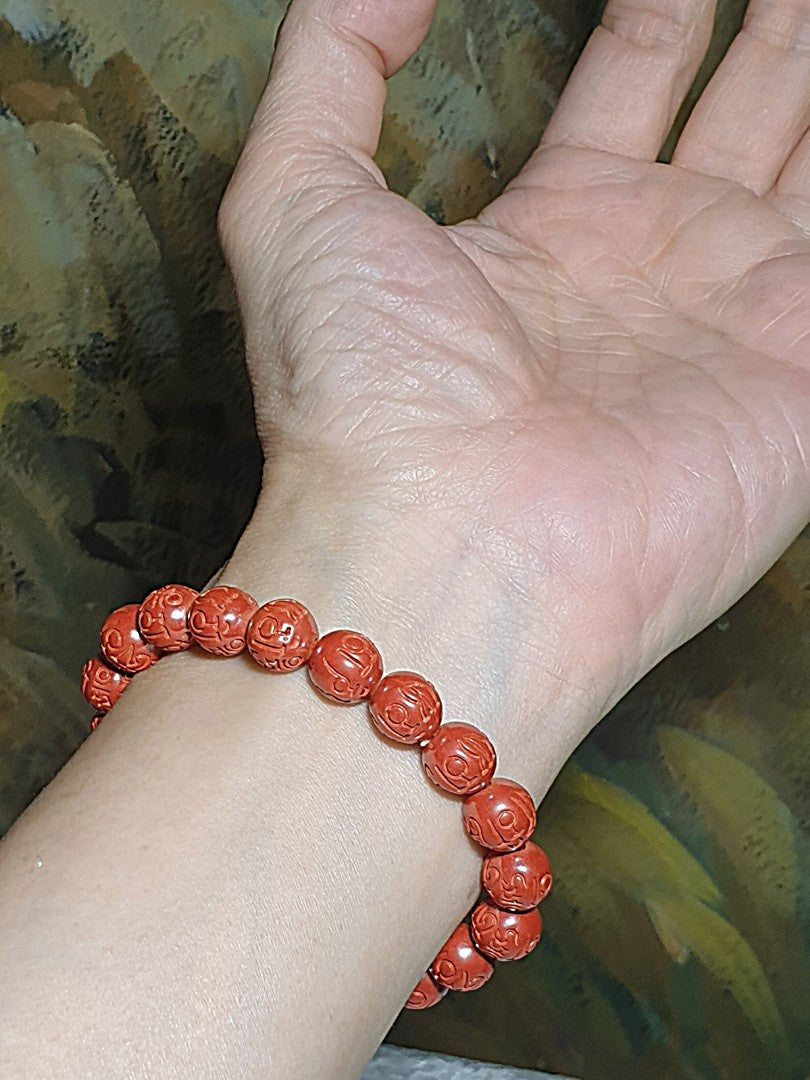 9.5mm purest natural Cinnabar carved in Tibetan "Om Mani Padme Hum" Mantra bracelet [Natural Crystal] 9.5毫米原矿朱砂雕刻六字真言(六字大明咒)手链