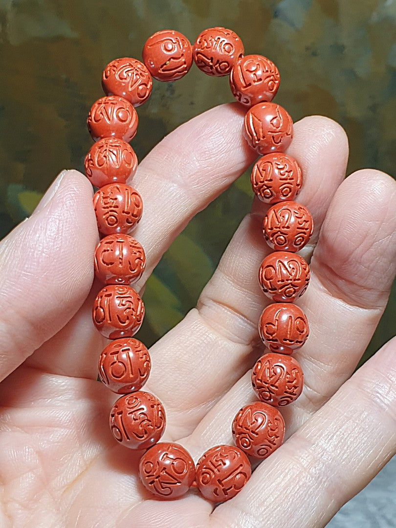 9.5mm purest natural Cinnabar carved in Tibetan "Om Mani Padme Hum" Mantra bracelet [Natural Crystal] 9.5毫米原矿朱砂雕刻六字真言(六字大明咒)手链