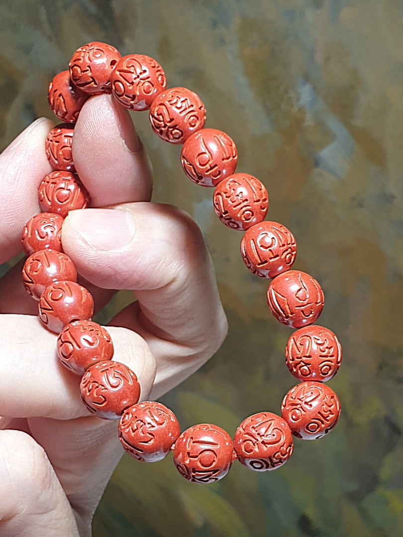 9.5mm purest natural Cinnabar carved in Tibetan "Om Mani Padme Hum" Mantra bracelet [Natural Crystal] 9.5毫米原矿朱砂雕刻六字真言(六字大明咒)手链