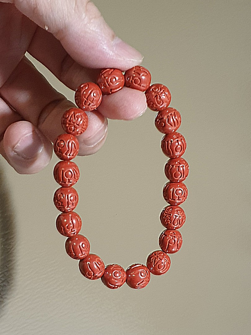 9.5mm purest natural Cinnabar carved in Tibetan "Om Mani Padme Hum" Mantra bracelet [Natural Crystal] 9.5毫米原矿朱砂雕刻六字真言(六字大明咒)手链