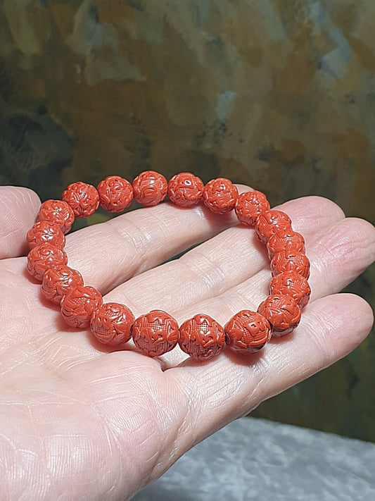 9.8mm purest natural Cinnabar high relief carvings in Sanskrit language "Om Mani Padme Hum" Mantra bracelet [Natural Crystal] 9.8毫米原矿朱砂高浮雕古梵文六字真言(六字大明咒)手链