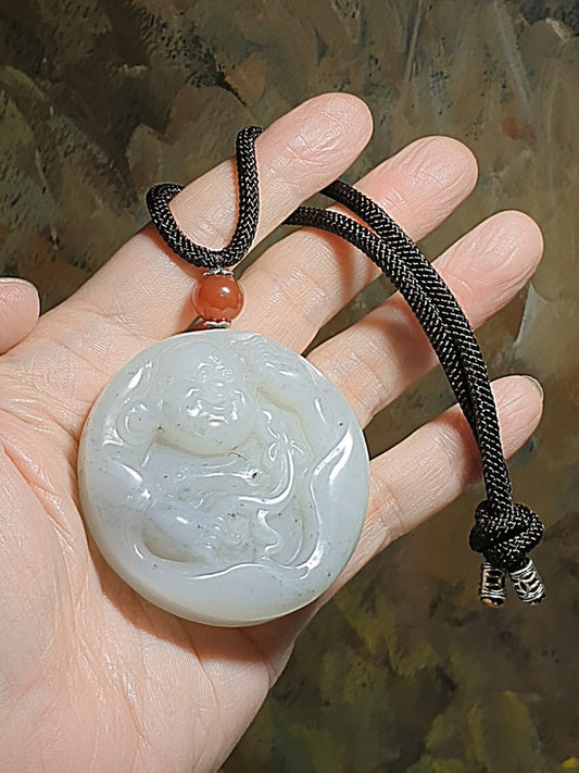 Premium greasy & massive Nephrite whitish Qinghua hand carved Laughing Buddha Jade handheld/car pendant (with certificate) 精品和田玉镯芯料厚重油润俄白青花全手工雕刻弥勒佛笑佛把件/车挂(带证书)