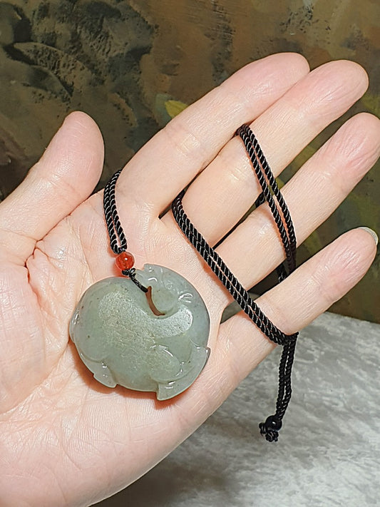 Hetian Pebble Nephrite light bluish greenish Qinghua with raw "Jade Skin" hand carved ancient style Leading Horse pendant (with certificate) [Natural Crystal] 和田玉籽玉蓝调青花带皮带毛孔全手工雕刻古式回头马(一马当先)吊坠(带证书)