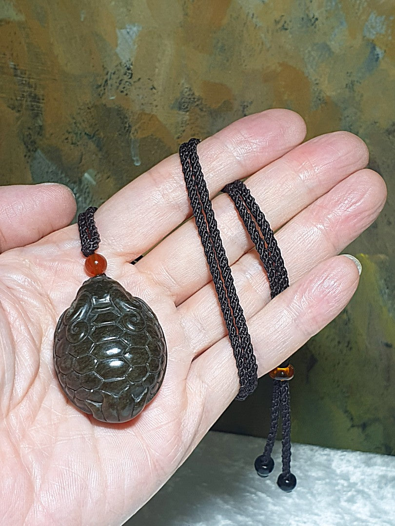 Premium Nephrite solid deep caramel brown hand carved  Dragon-Tortoise Jade pendant/handheld (with certificate) 和田玉且末棕糖全手工雕刻龙龟吊坠/手把(带证书)