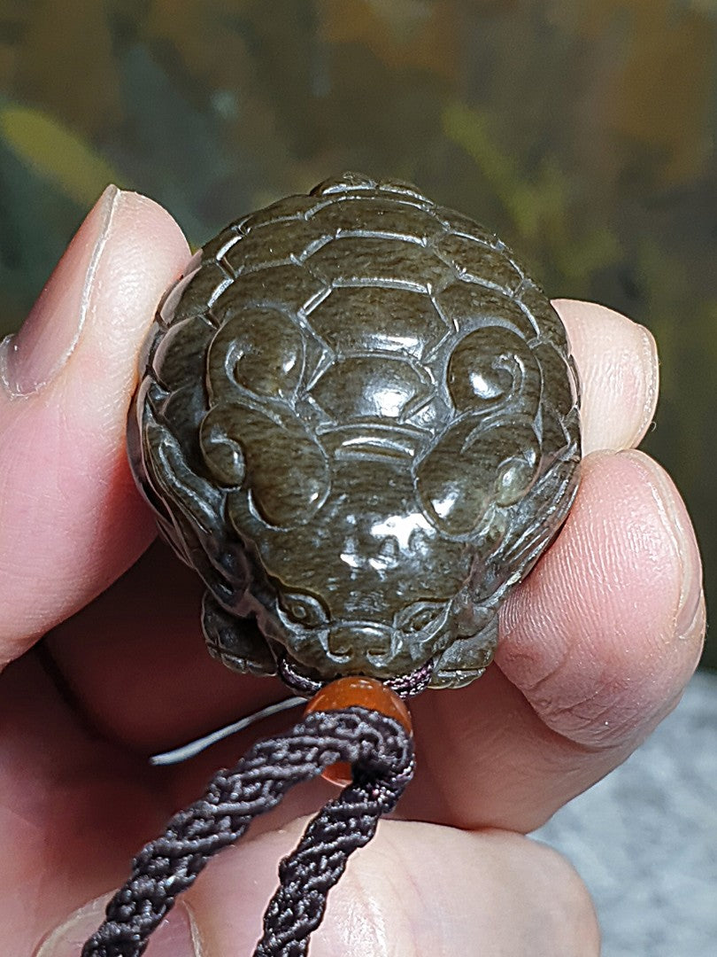 Premium Nephrite solid deep caramel brown hand carved  Dragon-Tortoise Jade pendant/handheld (with certificate) 和田玉且末棕糖全手工雕刻龙龟吊坠/手把(带证书)