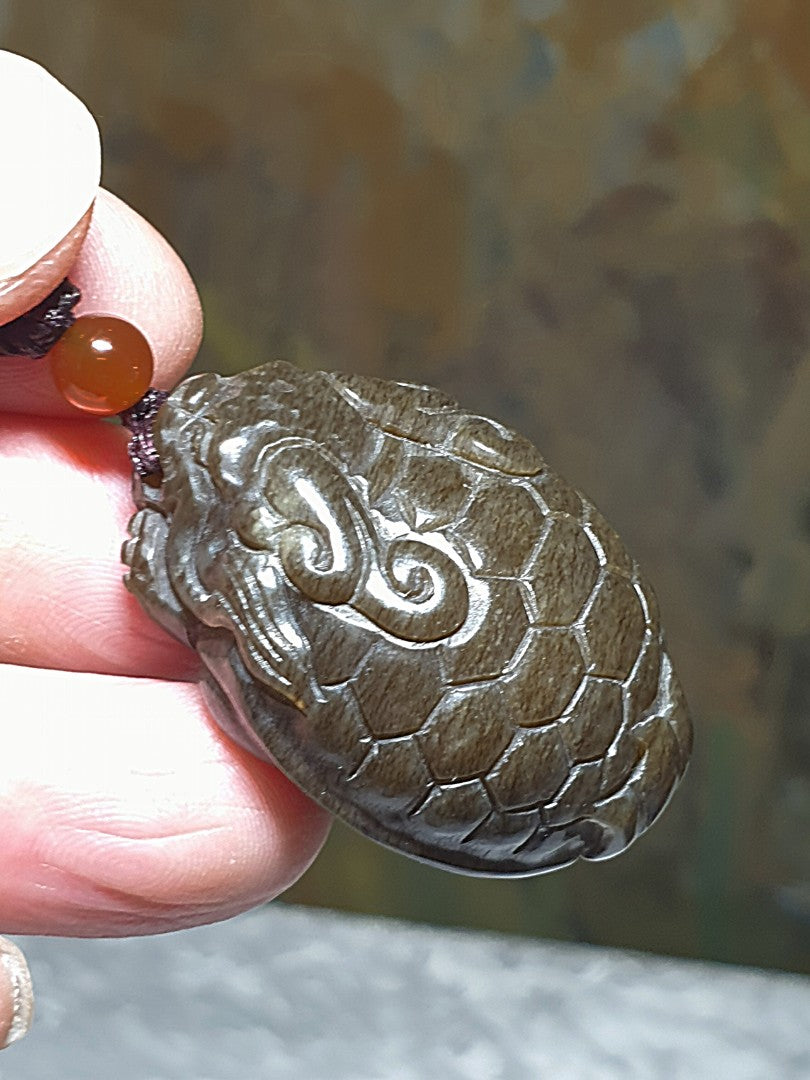 Premium Nephrite solid deep caramel brown hand carved  Dragon-Tortoise Jade pendant/handheld (with certificate) 和田玉且末棕糖全手工雕刻龙龟吊坠/手把(带证书)